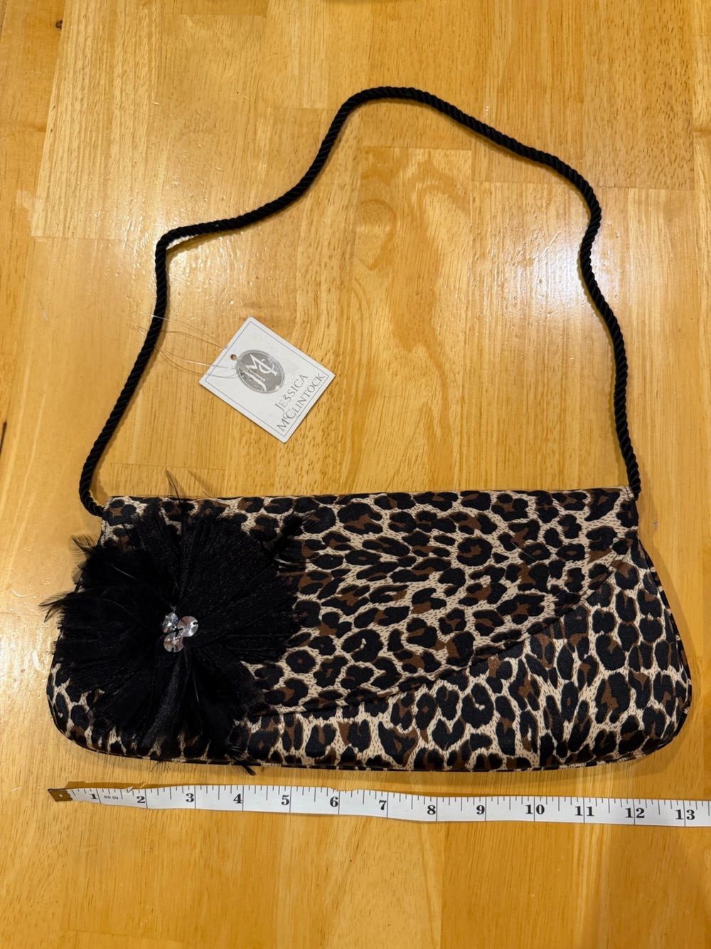 Jessica McClintock Leopard-Print Clutch with Black Flower Accent